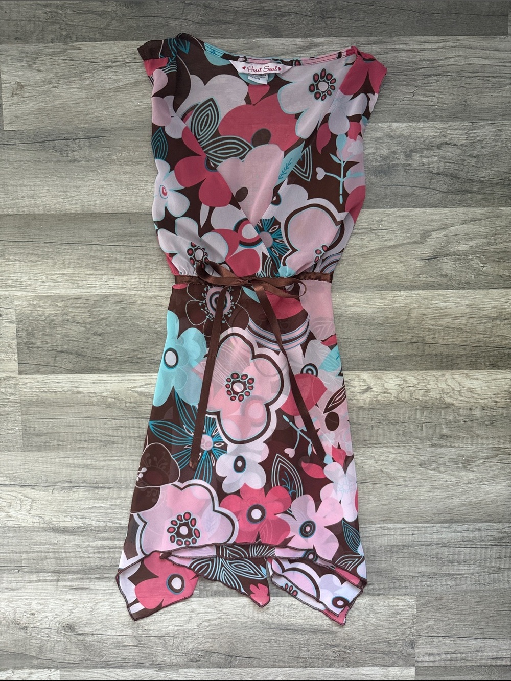 Vintage Y2K HeartSoul Tie-Back Babydoll Floral Dress in Pink & Brown